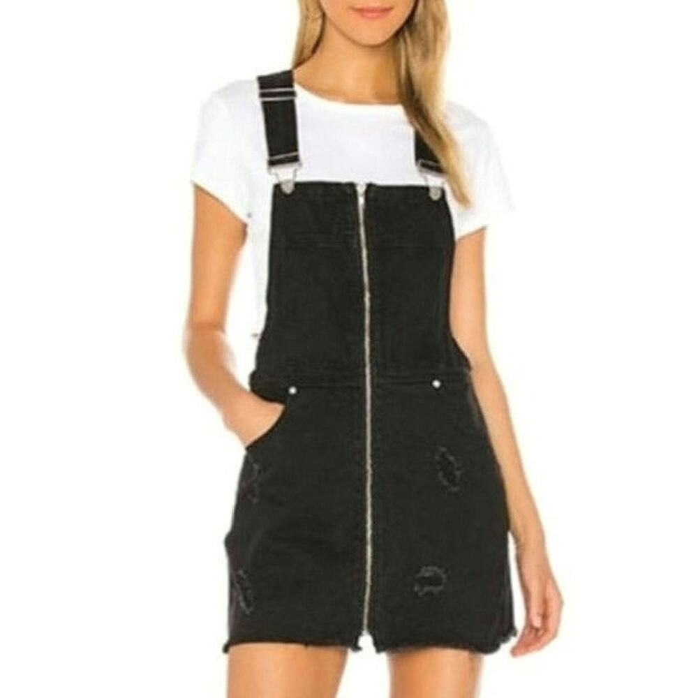 Superdown Black Denim Overall Mini Dress Zip Front Distressed Cotton Edgy S